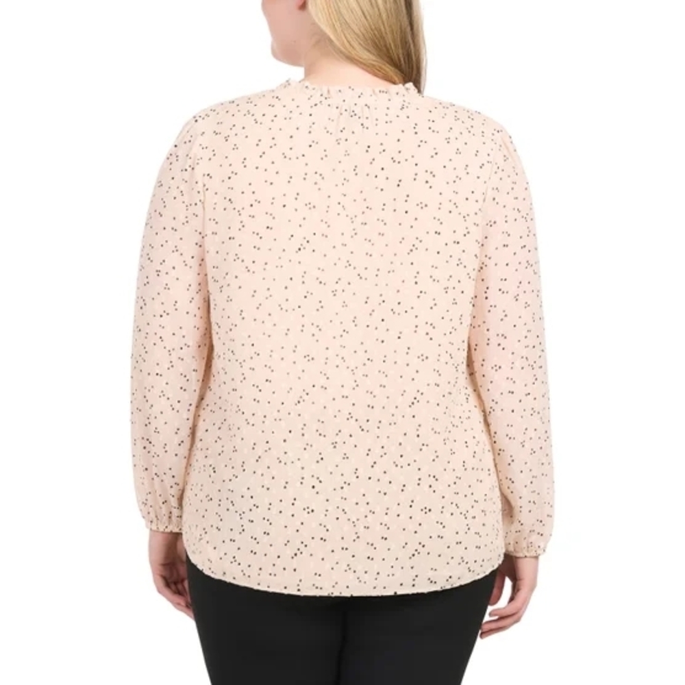 Women's Light Peach Cream Long Sleeve Blouse with Black Dots, Size L - Picture 6 of 7